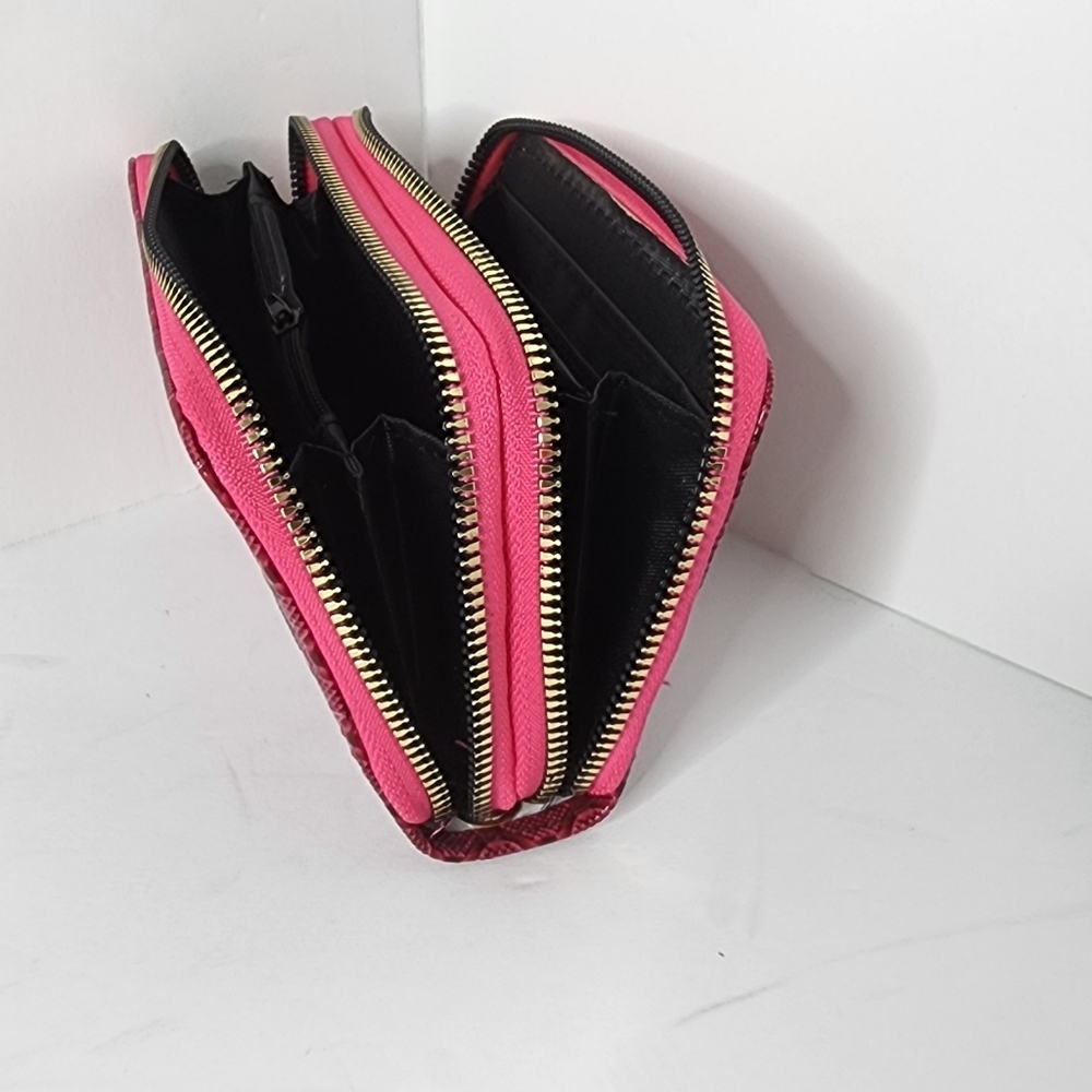 Woman's Multi Department Dark Pink Textured Small Double Zip Around Wallet - Picture 9 of 13